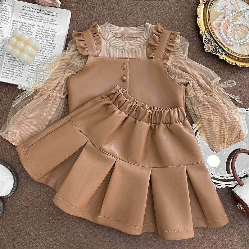 2024 Girls Suit Elegant Style Little Girl Suit Autumn Dress Long Sleeve Base Shirt Three-piece Set Kids Clothes Girls 241226