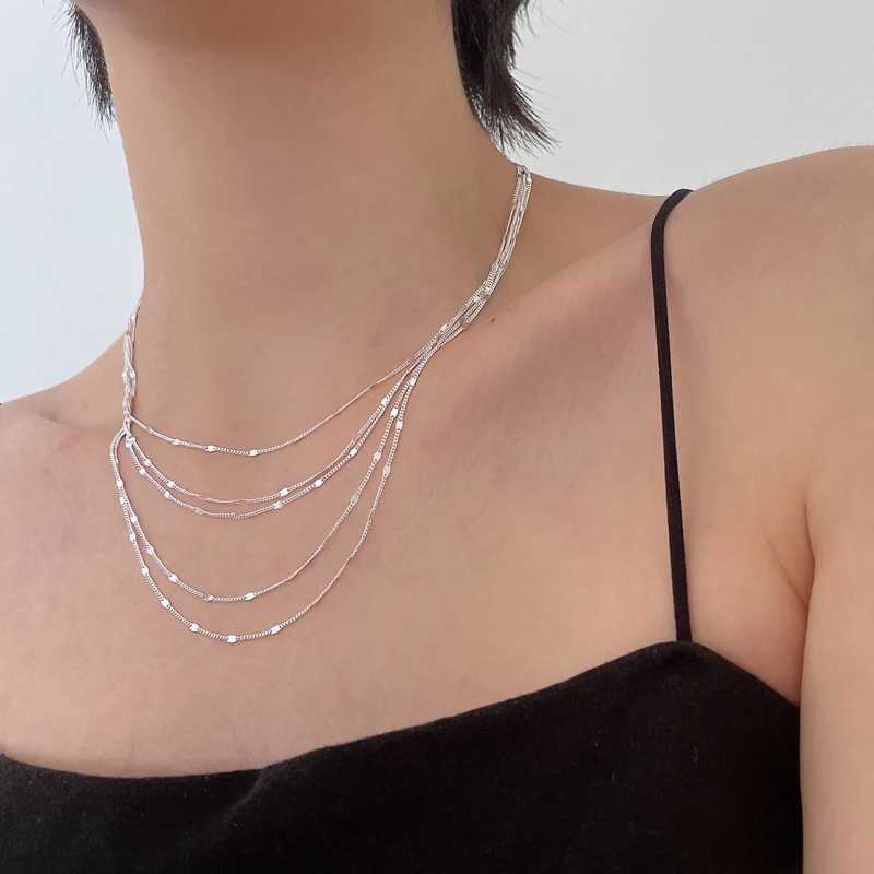 New S925 Pure Silver Womens Jewelry Necklace European Pure Silver Fashion Multi Layer Bar Necklace W241230