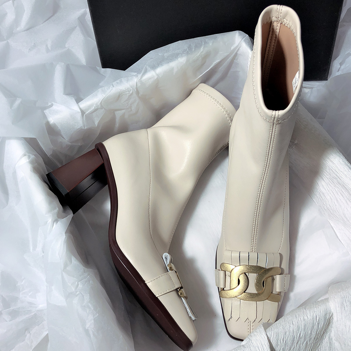 New Autumn/Winter Women Sheep Suade Toe Square Heel Mid-Heel Ankle Boots Fringed Zipper Fashion Office Lady Shoes 34-39
