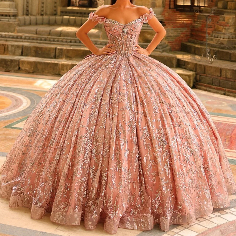 Quinceanera Pink Dresses Ball Gown Off The Shoulder Sequin Applique Lace Beads Bow Tull Party Birthday Sweet Vestido De Anos I