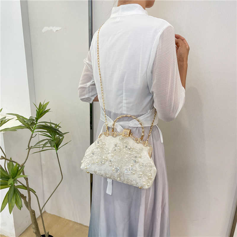 Pearl Embroidered Fashion Handbag Qipao Banquet Handheld Bag Chain Bar Bag Embroidered Pearl Bag Single Shoulder Bag Pearl Chain Bag