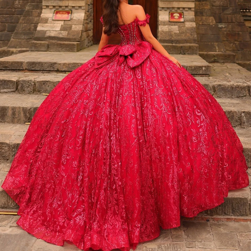 Red Quinceanera Dresses Ball Gown Off The Shoulder Sequin Applique Lace Beads Bow Tull Party Birthday Sweet 16 Vestido De 15 Anos