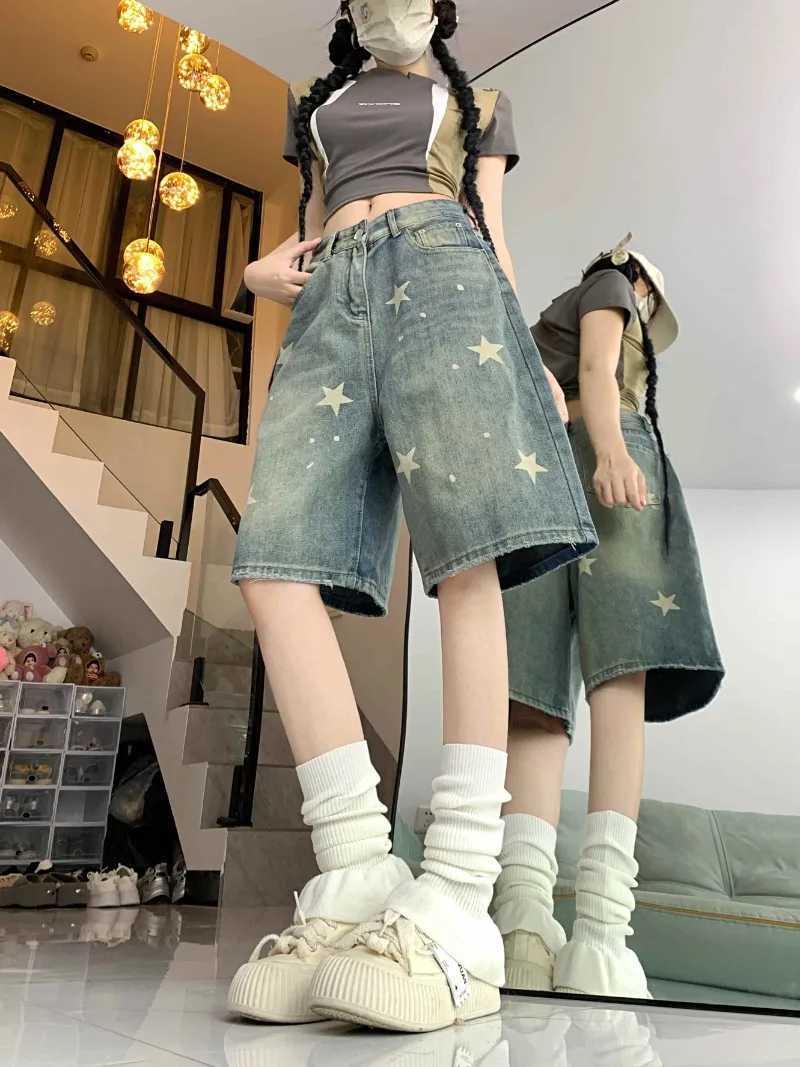 AA American Vintage High Waist Jeans Womens Casual 2000s Stars Print Retro Shorts Baggy Y2K Wide Leg Grunge Washed Denim ShortsX241230