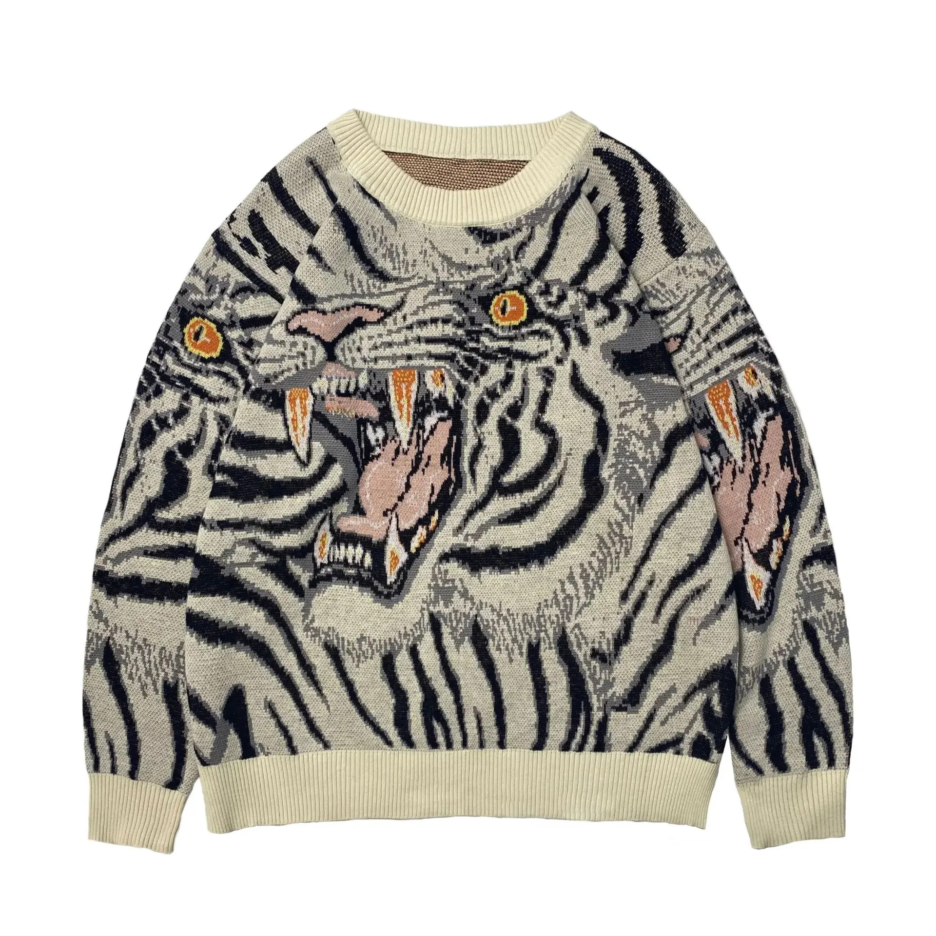 Non Kapital Vintage Jacquard Tiger Totem Round Neck Japan Retro Sweater Men's Relaxed Print Knitting Pullover Annual Jia Brand