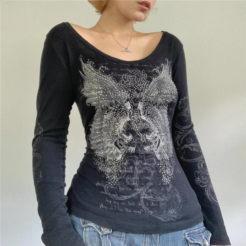 Lamuusaa Butterfly Tops Women Fairycore Grunge Clothes Long Sleeve T Shirts with Rhinestone y2k Tee 2000s Clothes Streetwear 241224