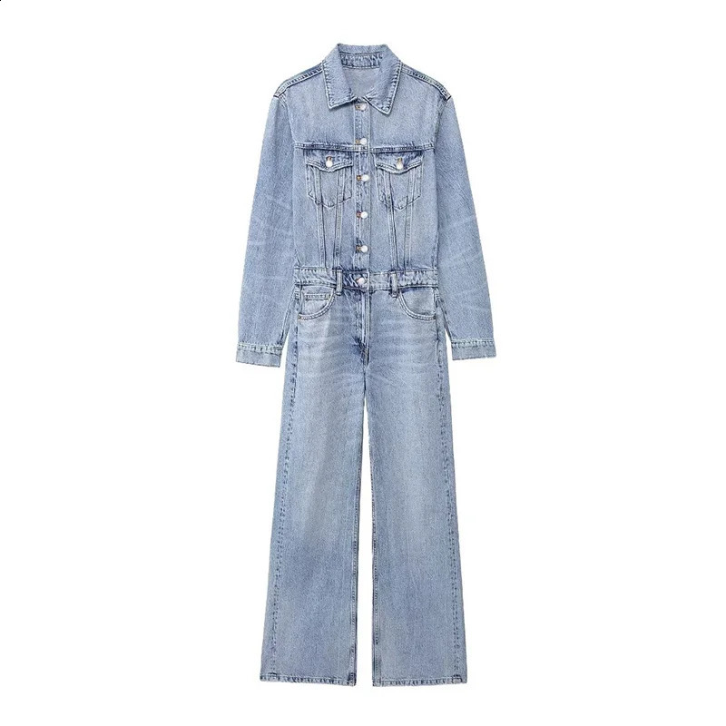 Summer Fashion Womens Straight Denim Jumpsuit Button Long Sleeve Chic Pleated Slim Long Casual Classic Denim Jumpsuit 241230
