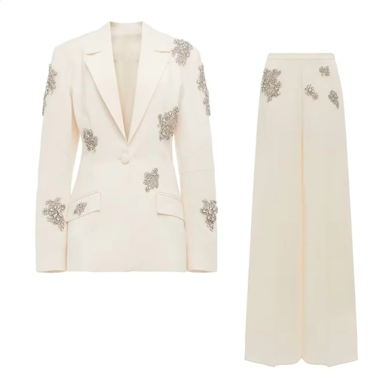ner Autumn Diamond Suit Coat Women White Blazers Beaded Wide Leg Pants Set Two Pieces Suits Formal Occasion Office Lady 241205