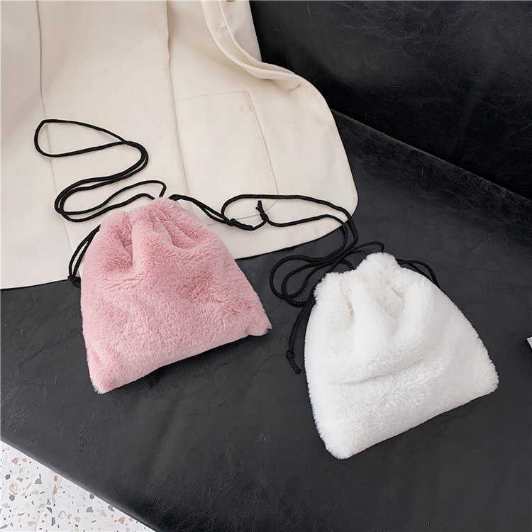 Autumn and Winter Plush Vertical Phone Bag with Drawstring, Cute Crossbody Mini Bag, Korean Version Fur Student Soft and Cute Shoulder Bag