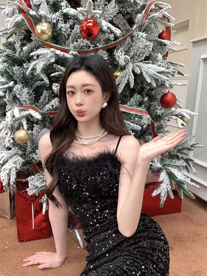 D125 Autumn new women's sexy lace mesh one-shoulder tube top slightly transparent slim dress for women