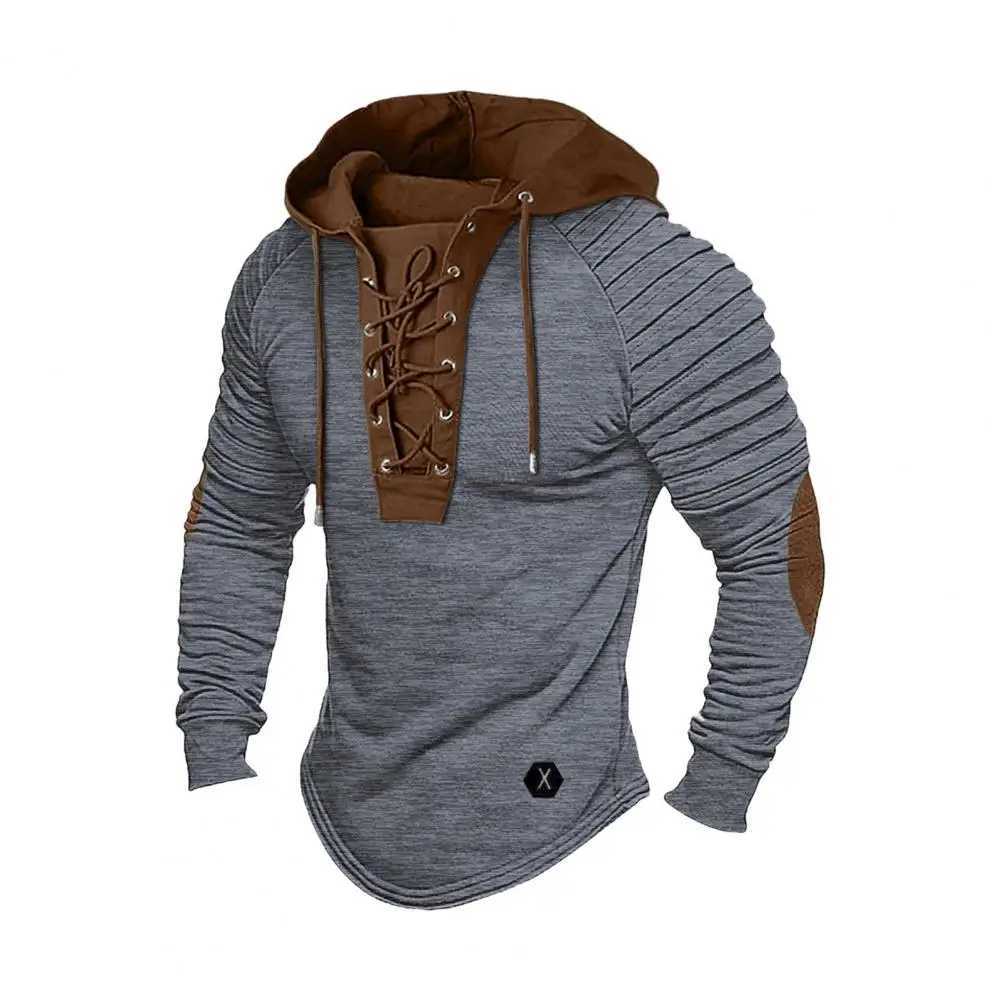 Mens Spring Autumn Hoodie with Folded Shoulders Colored Lock Brushed Hoodie Top Long Sleeve Lace Retro Mens Daily Hoodie W241230