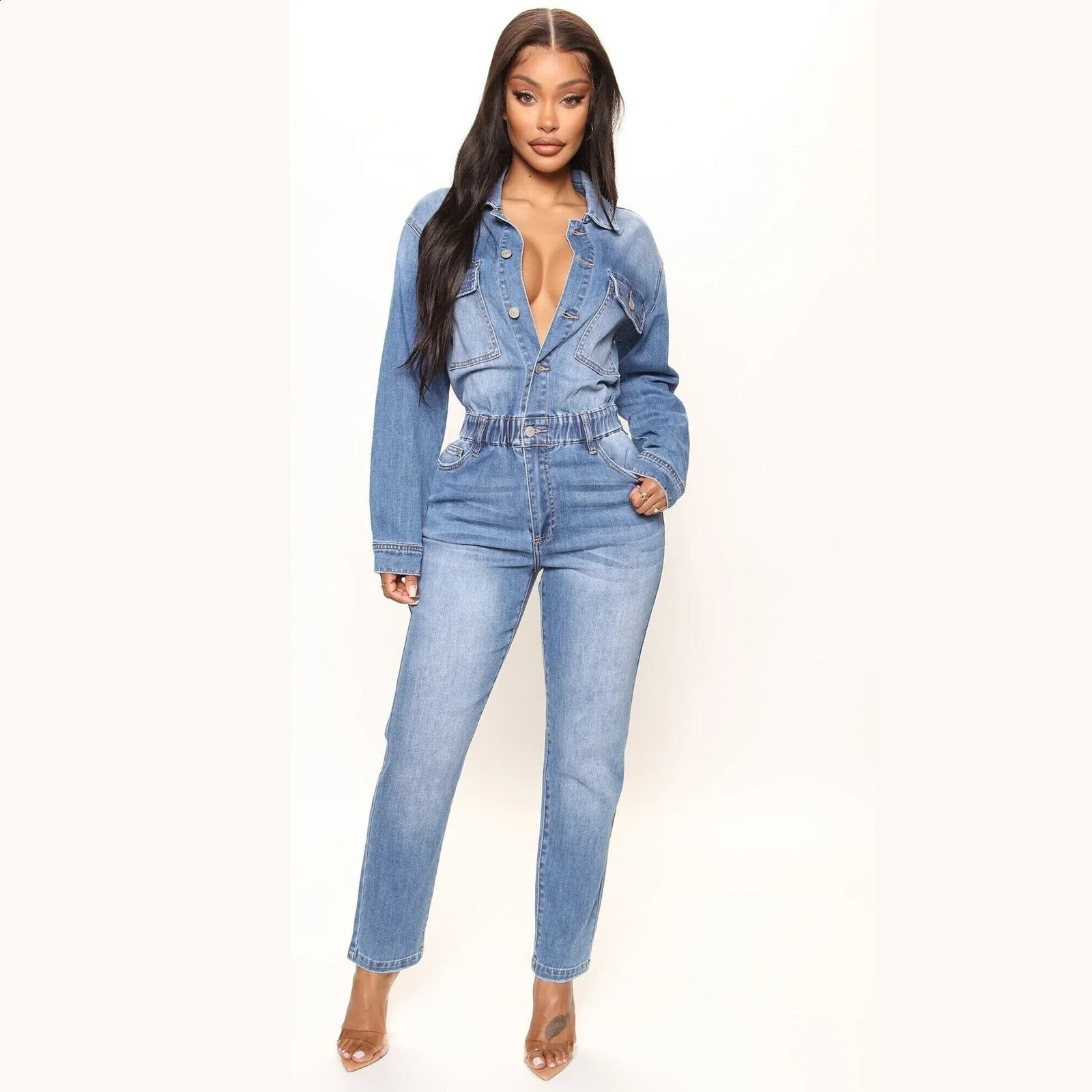 Women Autumn Turn Down Collar Loose One Piece Full Sleeve Tight High Waist Overalls Slim Denim Jumpsuits Long Pants Rompers 241230