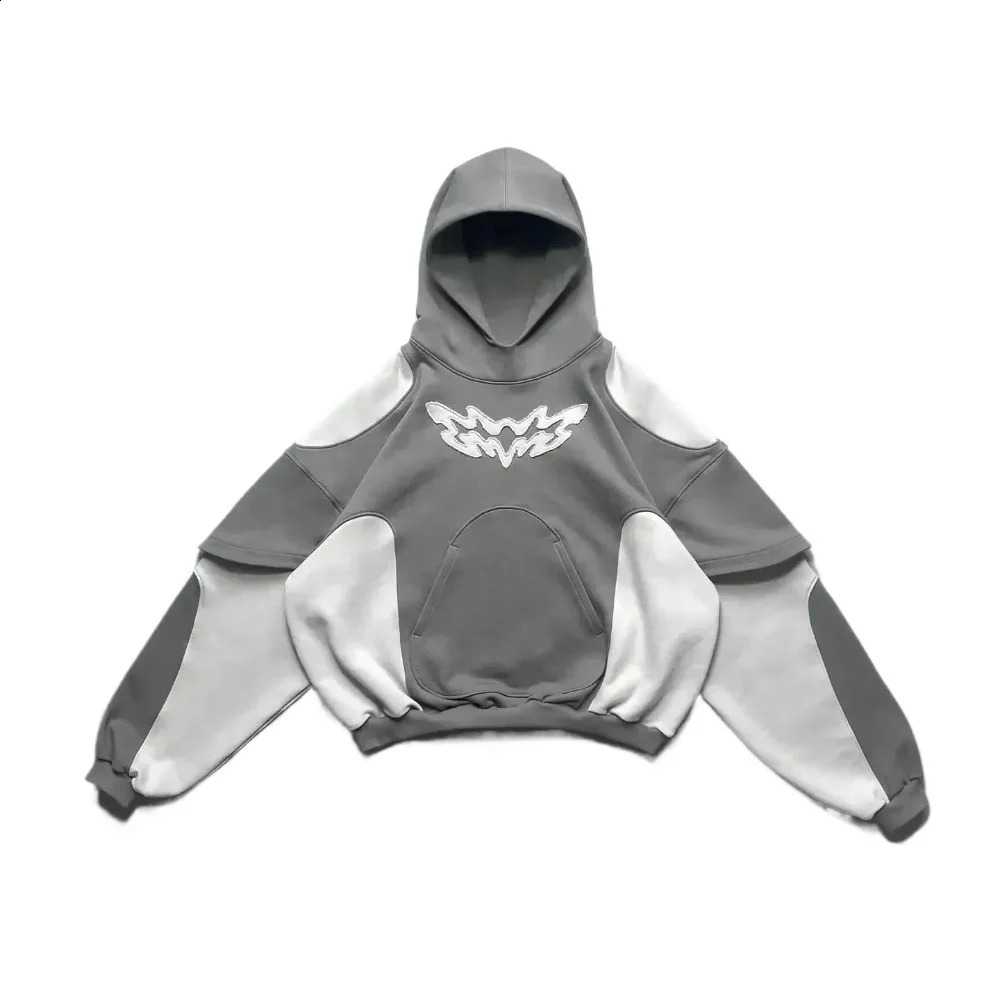 Y2K Fashion Hip Hop Gray Stitching Embroidered Hooded Sweater Loose Casual Hooded Sweatshirt Gothic Street Retro Women Clothing 241230