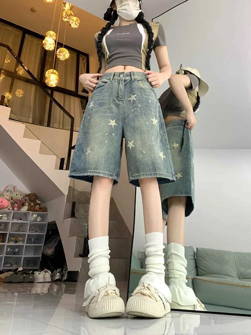 AA American Vintage High Waist Jeans Womens Casual 2000s Stars Print Retro Shorts Baggy Y2K Wide Leg Grunge Washed Denim ShortsX241230