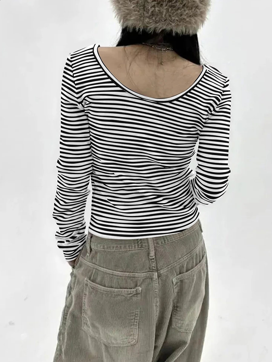 wsevypo Women Basic T-shirt Fall Spring Striped Casual Tops Long Sleeve Scoop Neck Slim fit Pullovers Harajuku Streetwear 241224