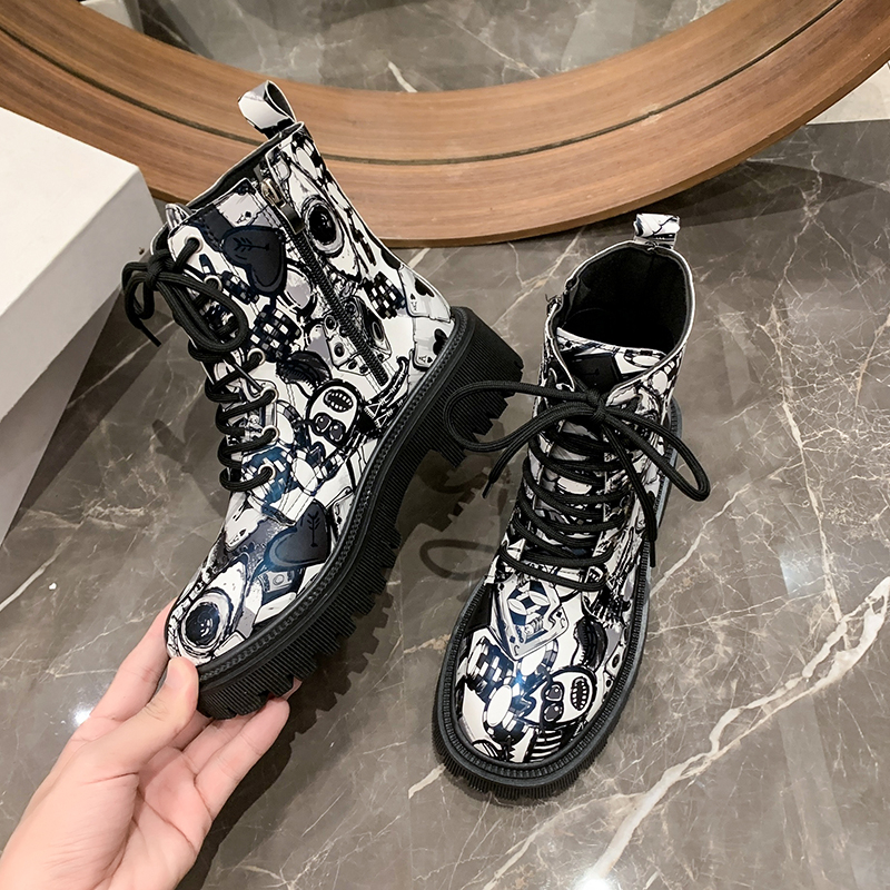 2025 Autumn New Color blocked Fashion Boots Women's Printed Graffiti Series Versatile Short Boots Designer lace up Ankle boots zapatos mujer