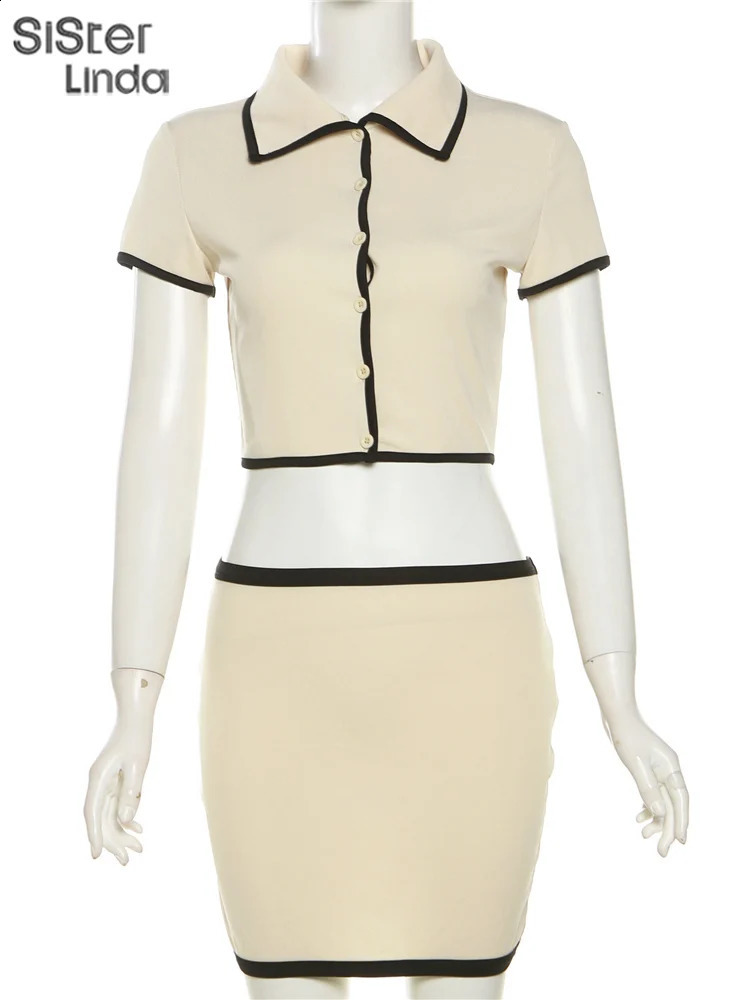 Sisterlinda Fashion Casual Ribbed Two Piece Set Summer Full Sleeve Lapel Striped Button TopsHip Skirts Female Streetwear 241220