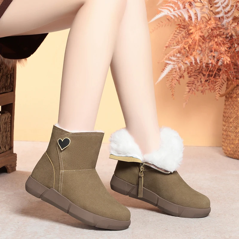 Snow Boots Women Winter Shoes Genuine Leather Women Ankle Boots Flat Large Size Natural Wool Non-slip Women Booties