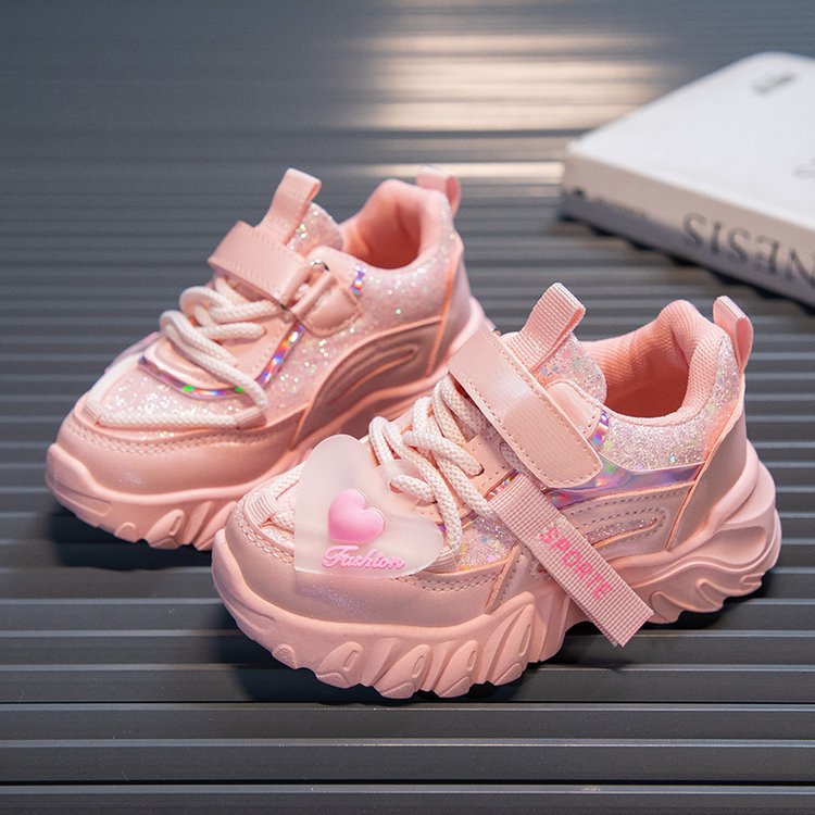 Girls Sports Shoes Kids Running Sneakers for School Fashion Cute Shiny Non Slip Kidsnest Children Toddler Casual Shoes With Heart Spring Autumn Sizes 