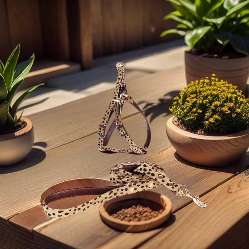 Leopard with Hair Fashion Pet Collar Set Dog Substantial Harnesses Traction Rope Suit Adjustable Cute Pet Decoration AccessoriesXJ241230