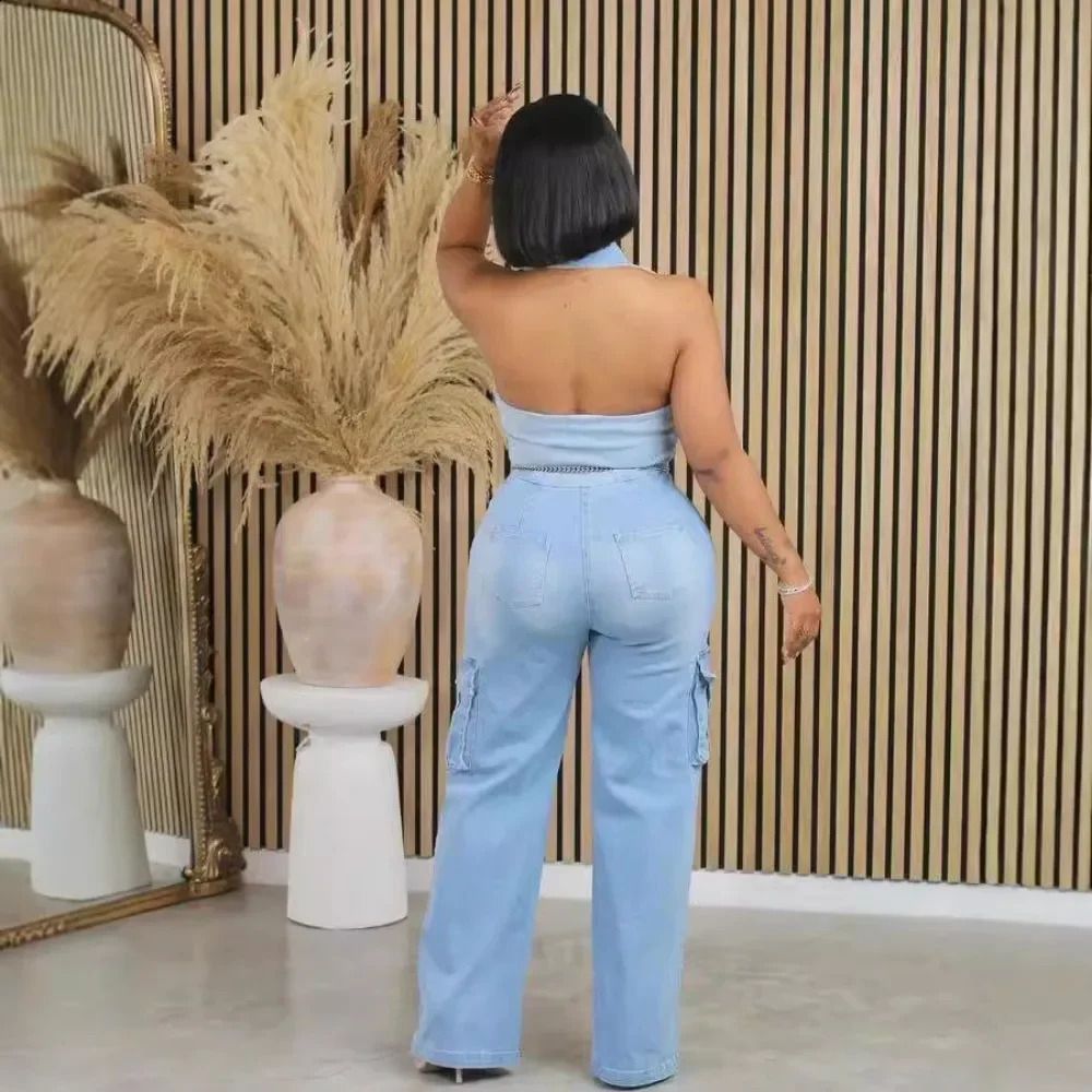 FAGADOER Blue Denim Fashion Straight Pants One Piece Jumpsuits Women Washed Jean Halter Pocket Playsuits Female Cow Overalls 241230