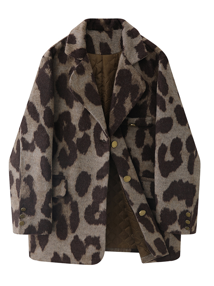Winter Women Old Money Leopard Print Jacket 90S Vintage Blazer Woolen Coat Single-Breasted Outwear Warm Thick Oversize Haruku