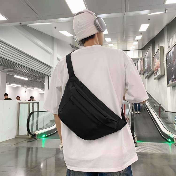 Men's bag, travel crossbody bag, trendy brand chest bag, sports style casual canvas waist bag, simple solid color chest bag 241230