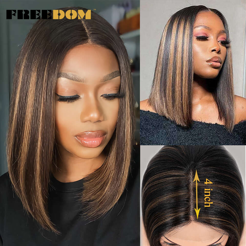 FREEDOM Short Bob Synthetic Straight Ombre Blue Pink Ginger Blonde Lace Wigs For Black Women Middle Part Cosplay Wig