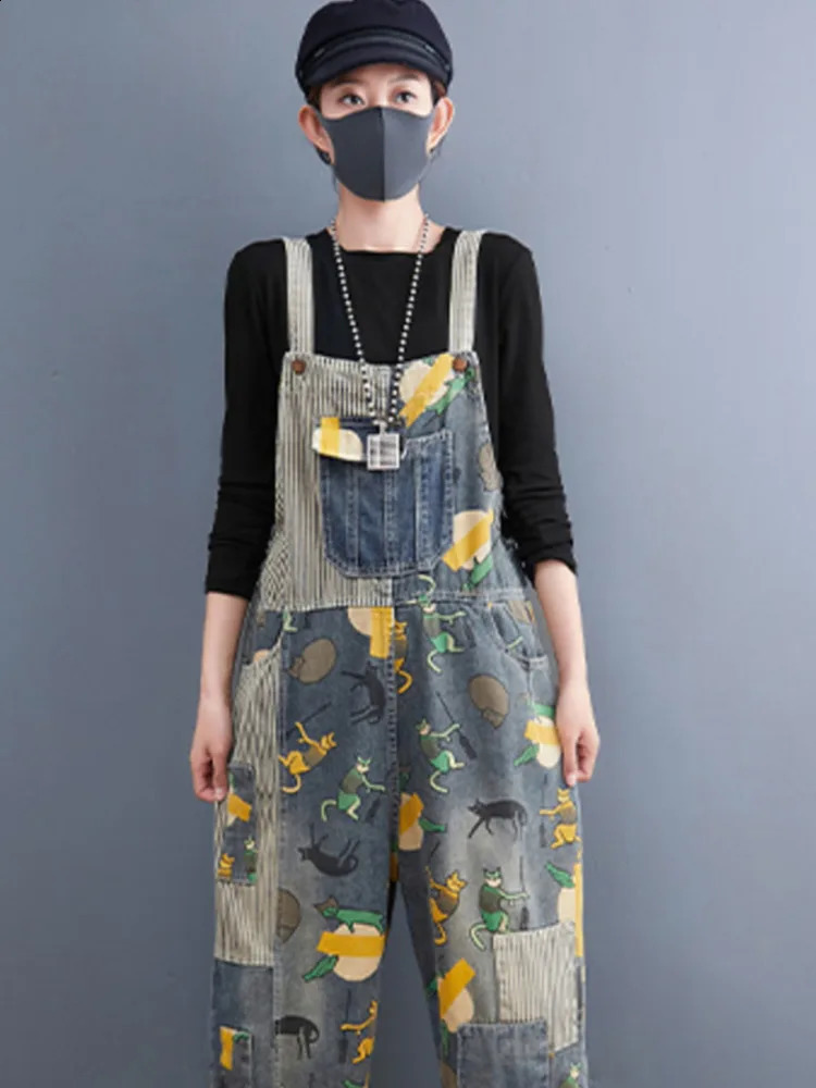 #1467 Straight Printed Denim Overalls Women Ankle-length Loose Wide Leg Jumpsuits Ladies Pockets Split Joint Vintage Streetwear 241230