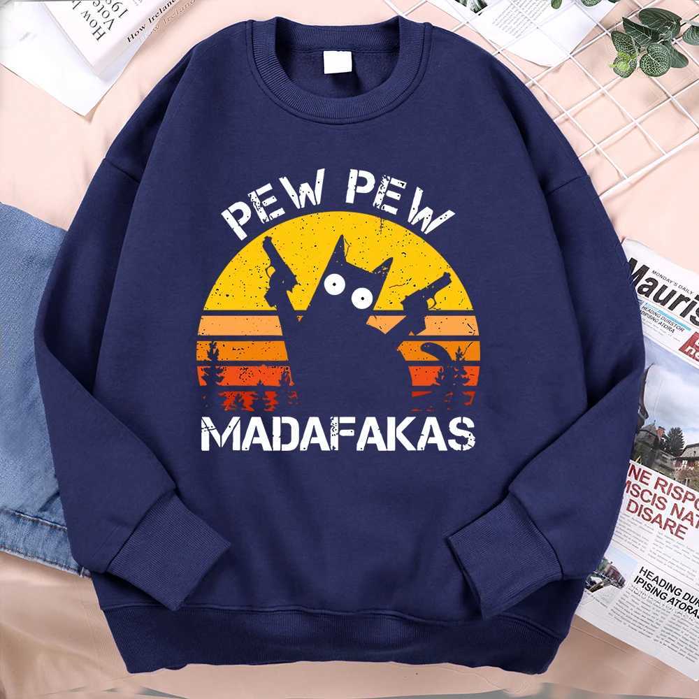 Pew Madafakas Cat Two Gun Sweatshirt Mens Hip Hop Warm Hoodie Retro Thick Streetwear Unisex High Quality Hoodie W241230
