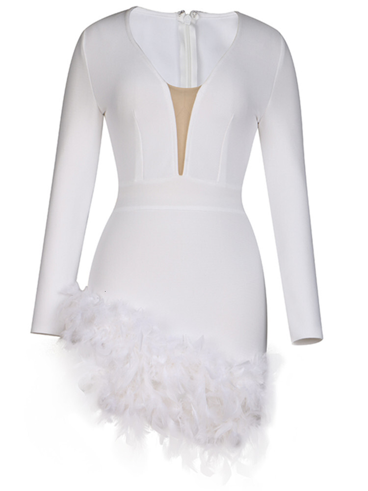 New Fashion Women Sexy V Neck Long Sleeve Feather Black White Mini Bandage Elegant Evening Club Bodycon Party Dress