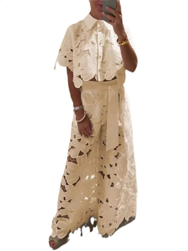 Sexy Hollow Out Flower Lace Patchwork Pants Set Fashion Short Lapel Cardigan High Waist Wide Legs Trousers Two Piece 241220