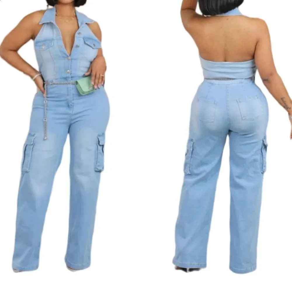 FAGADOER Blue Denim Fashion Straight Pants One Piece Jumpsuits Women Washed Jean Halter Pocket Playsuits Female Cow Overalls 241230