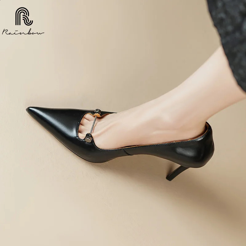 RAINBOW 33-40 Classic Concise Style Pin Buckle Pumps Custom Handmade Stilettos Leather High Heels Women Sexy Banquet Shallow 241230
