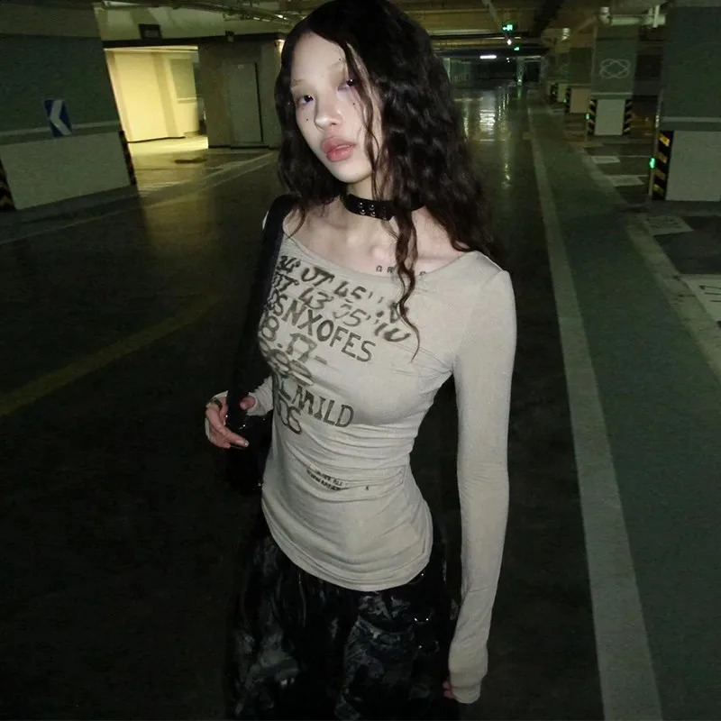 Tonngirls Y2k Vintage T Shirt Women Print Letter Tee Tops Skinny 2000s Japanese Autumn Streetwear Grunge Tops Fairycore Tshirts 241224