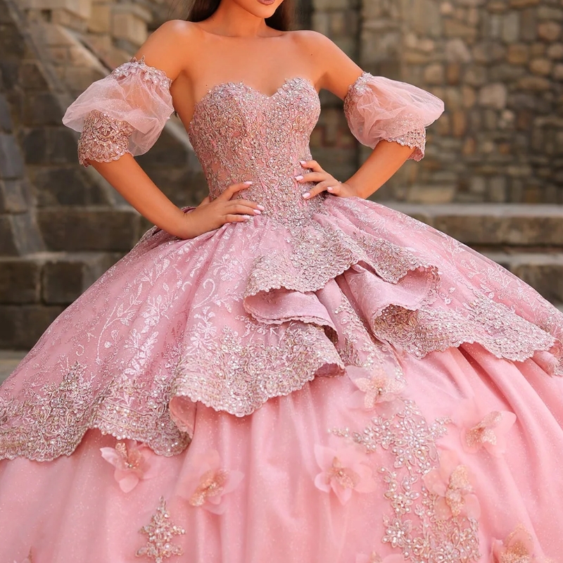 Quinceanera Pink Dresses Ball Gown Off The Shoulder Sequin Applique Wer Beads Bow Tull Party Birthday Sweet Vestido De Anos