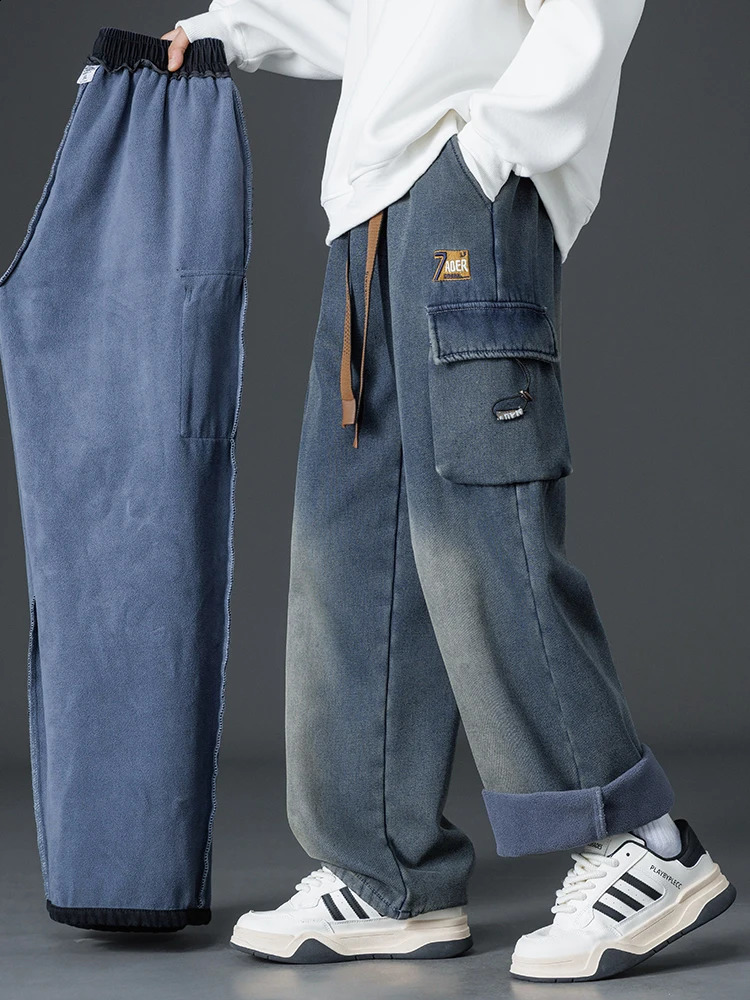 Winter Fleece Jeans Men Big Size 8XL 7XL 6XL Thick Warm Wide Leg Straight Denim Cargo Pants Male Thermal Baggy Jean Trousers 241224