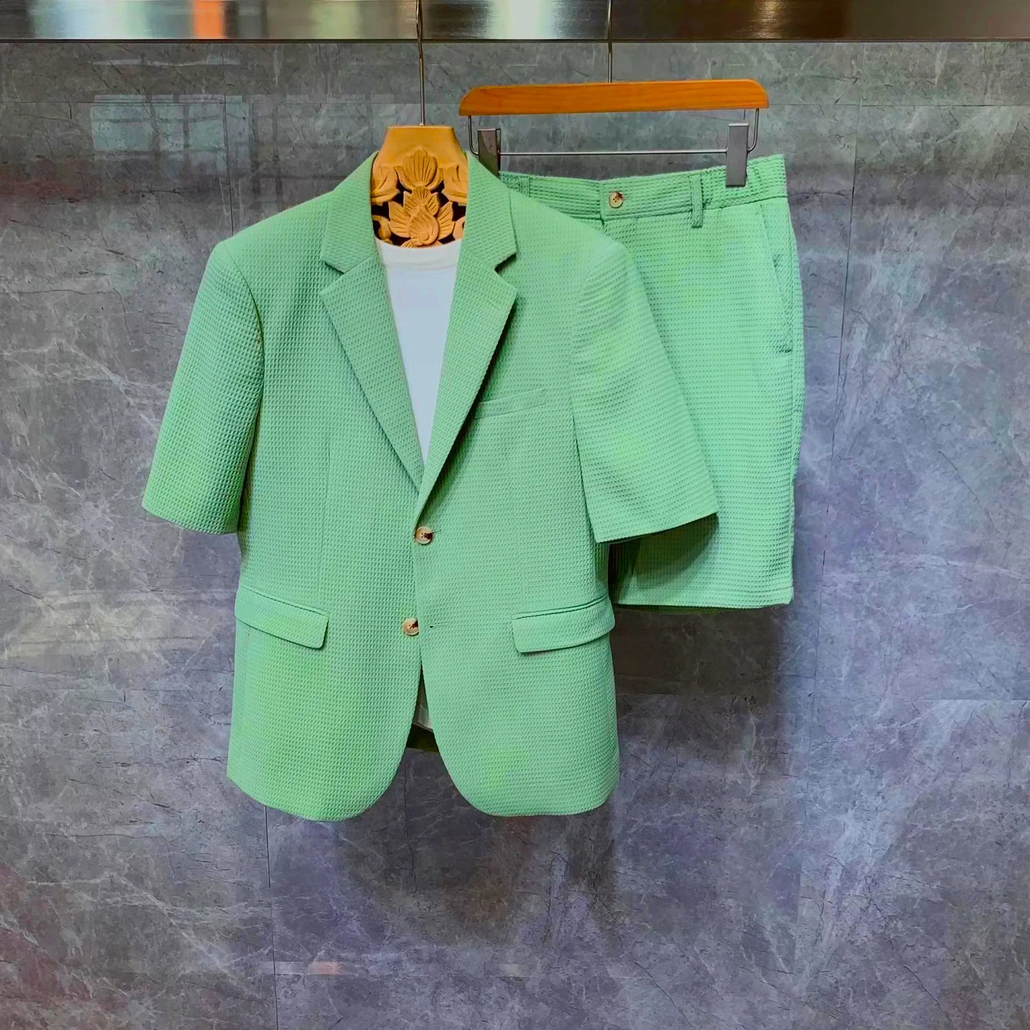 Korean Style Men Short Sleeved Suits Jackets And Shorts Male Simple Solid Houndstooth Fabric Comfortable Slim Fit Twopiece Sets 241223