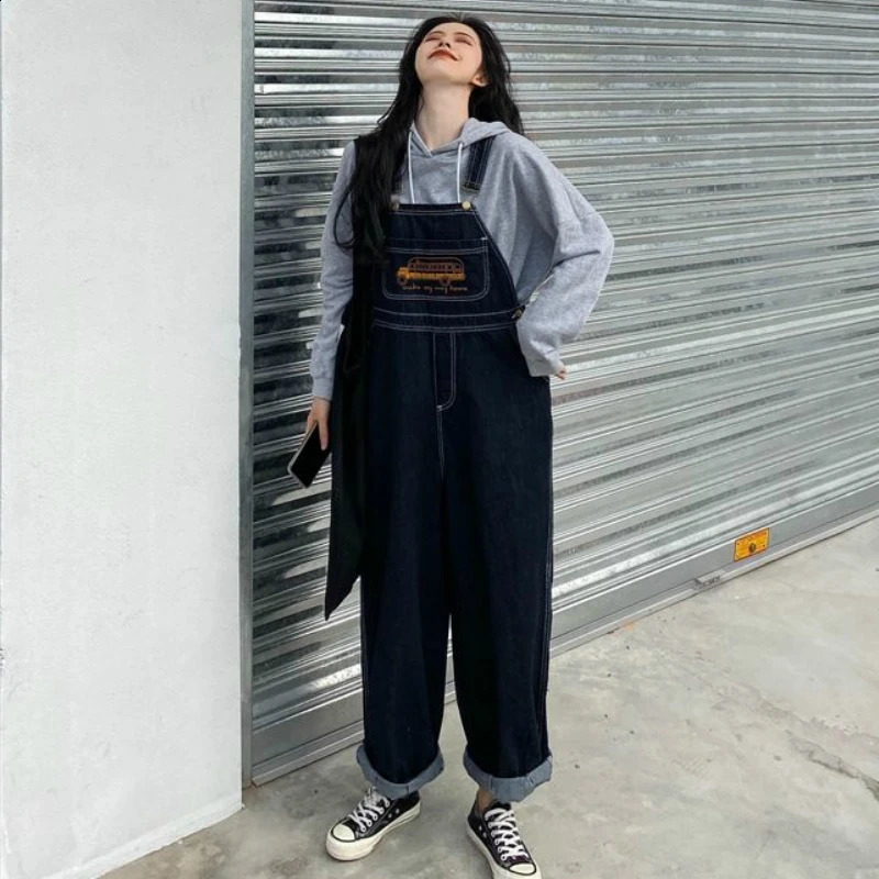 Jumpsuits Women Cartoon Embroidery Fashion Denim Suspender Harajuku Retro Wide Leg Baggy Cow BF Unisex Cute Chic Student 241230