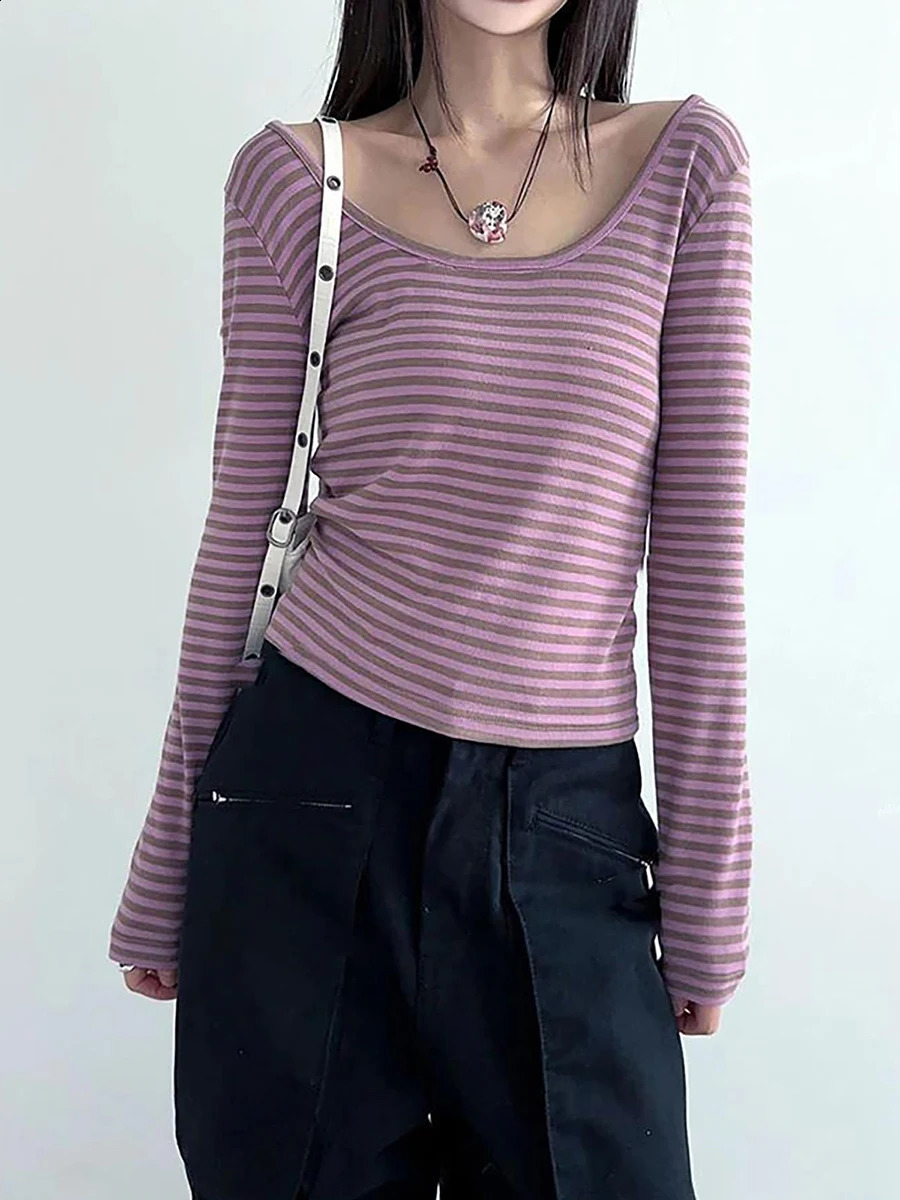wsevypo Women Basic T-shirt Fall Spring Striped Casual Tops Long Sleeve Scoop Neck Slim fit Pullovers Harajuku Streetwear 241224