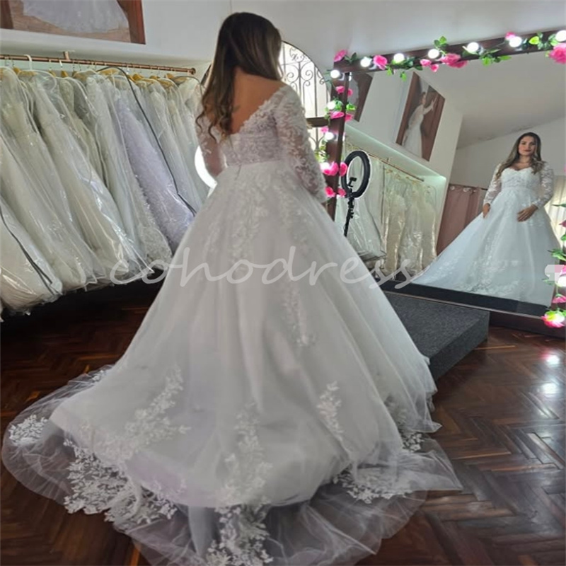 Gatsby Boho Wedding Dress V Neck Long Sleeve Bohemian Bride Dress Appliques A Line Tulle Beach Bridal Gowns Korean Robe De Mariee 2025 Lace Civil Coun