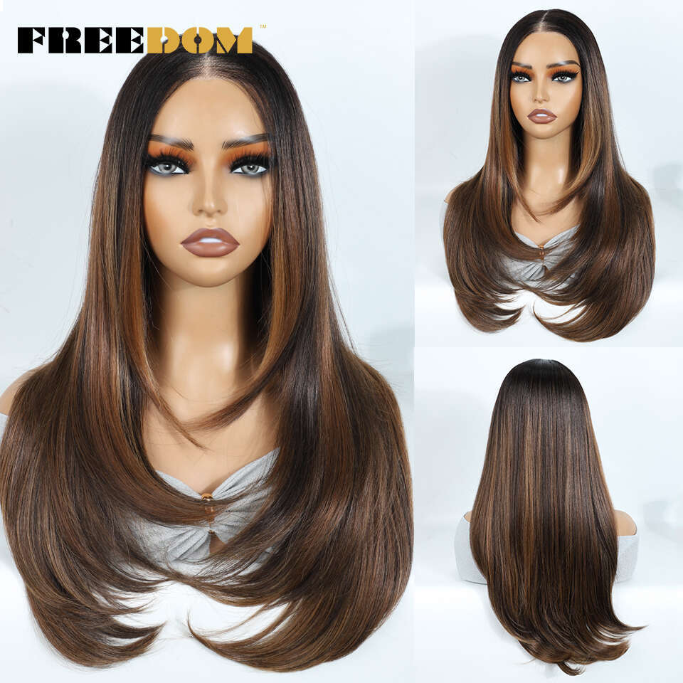 Synthetic Lace Front For Black Woman Layered Straight Wear And Go Glueless Wigs Ombre Brown T Part & 6X4 Pre Plucked Wig