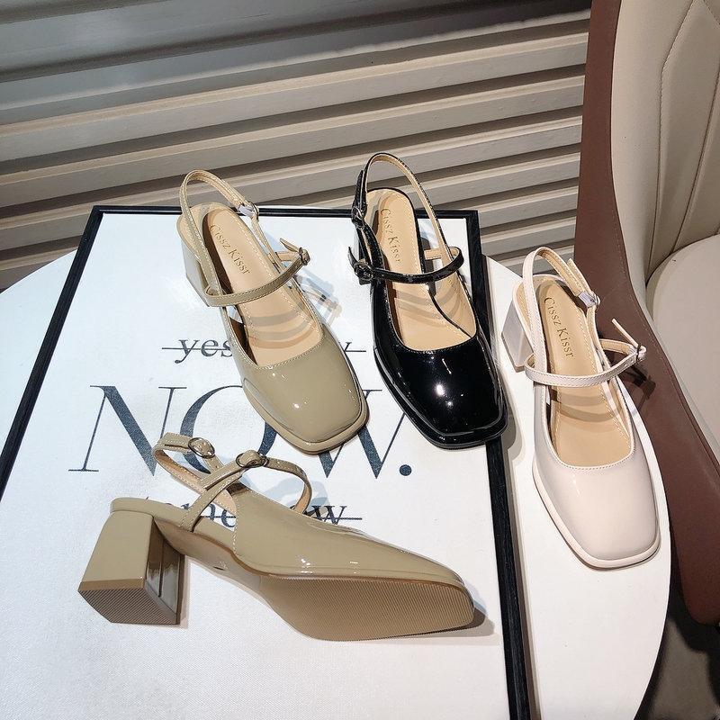 New Ddmywed Spring Mary Jane Shoes With Square Head One Line Buckle Lacquer Leather Coarse Custom Middle Heel Back Empty Sandals Chinese Brand F Ddmys