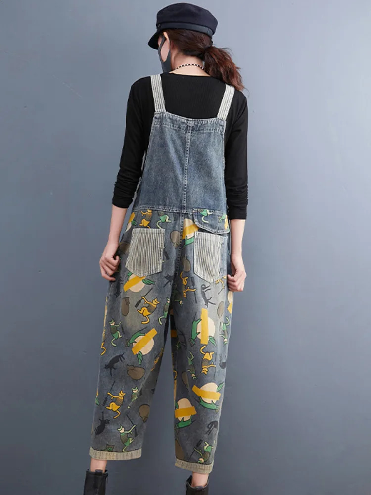 #1467 Straight Printed Denim Overalls Women Ankle-length Loose Wide Leg Jumpsuits Ladies Pockets Split Joint Vintage Streetwear 241230