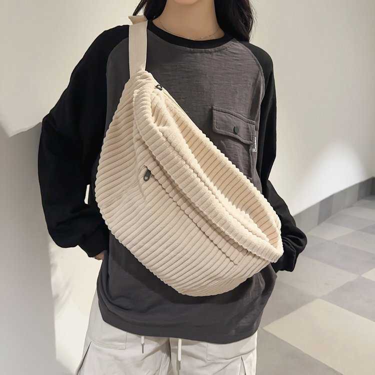 Corduroy large capacity crossbody bag, can hold A4 textbook tote bag, shoulder bag, car stitching cotton zipper 241230