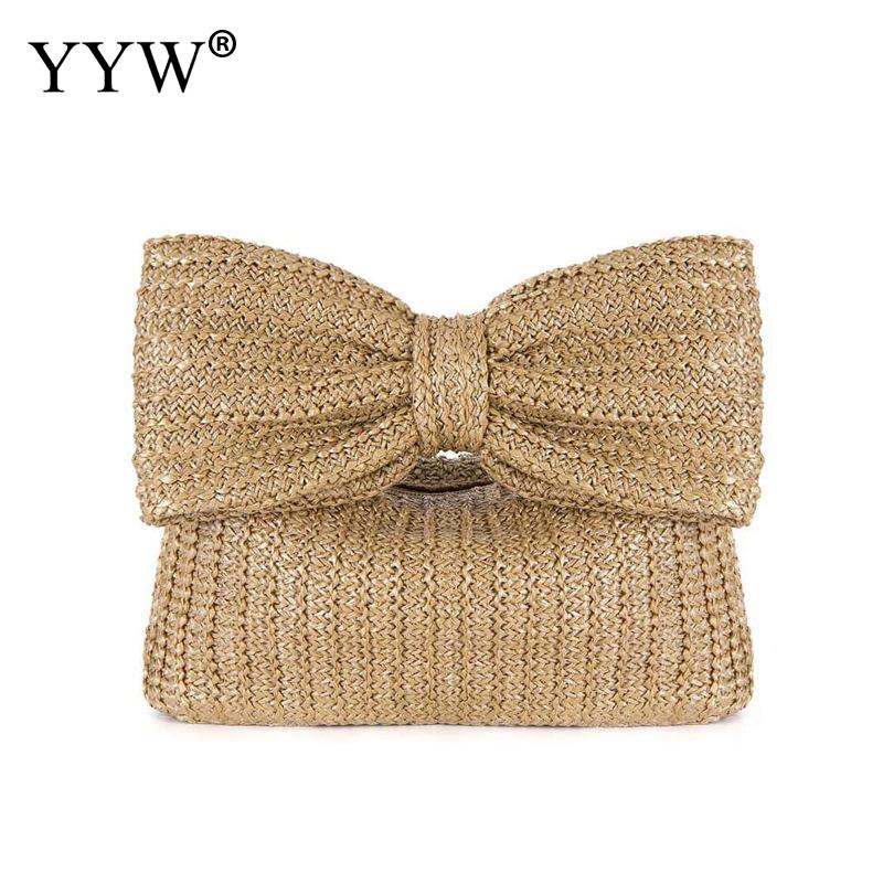 2024 New Fashion Trend Bow Straw Woven Handbags Designer Women Hand-Woven Rattan Evening Clutch Bags Party Purse Day Clutches
