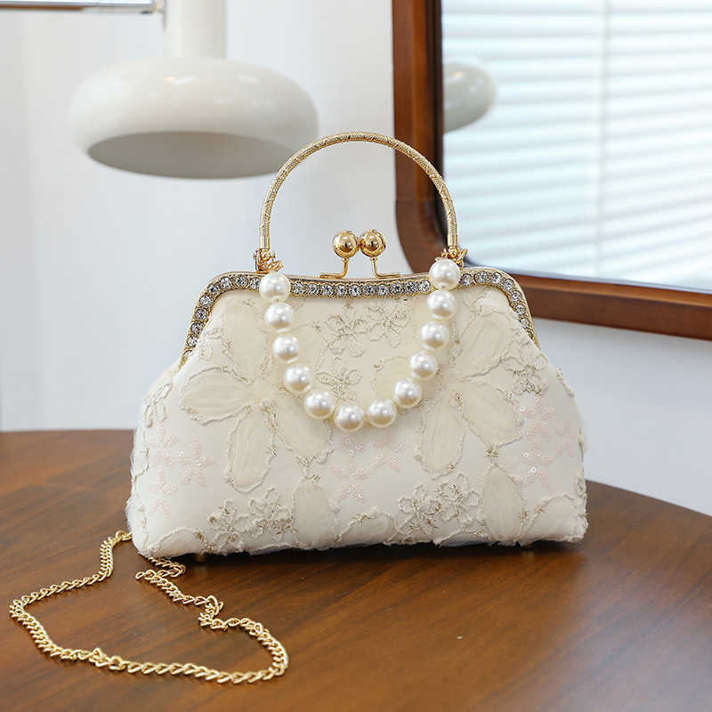 New Lace Flower Handbag Diagonal Cross Bag Qipao Hanfu New Chinese Style Shoulder Bag Pearl Handbag Women's Bag