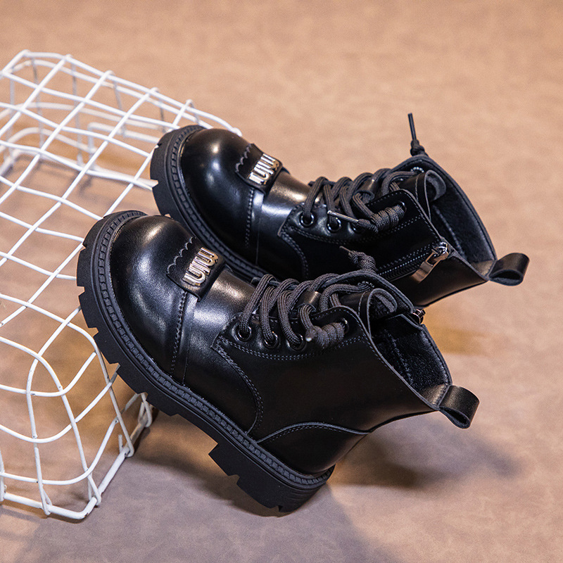 Fashion Children Leather Boots Autumn Winter Boys Girls Youth Boots Warm Cotton Happysteps Kids Ankle Boots Versatile Anti-slip Girls Shoes Sizes US9C