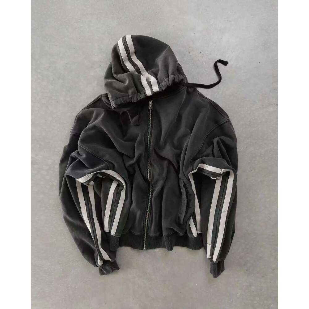 Y2K 2 piece set Men Stripe Pattern Zip Up Hoodie New High Quality Fashion Casual Pants Oversized Sweatshirt Hip Hop Streetwear
