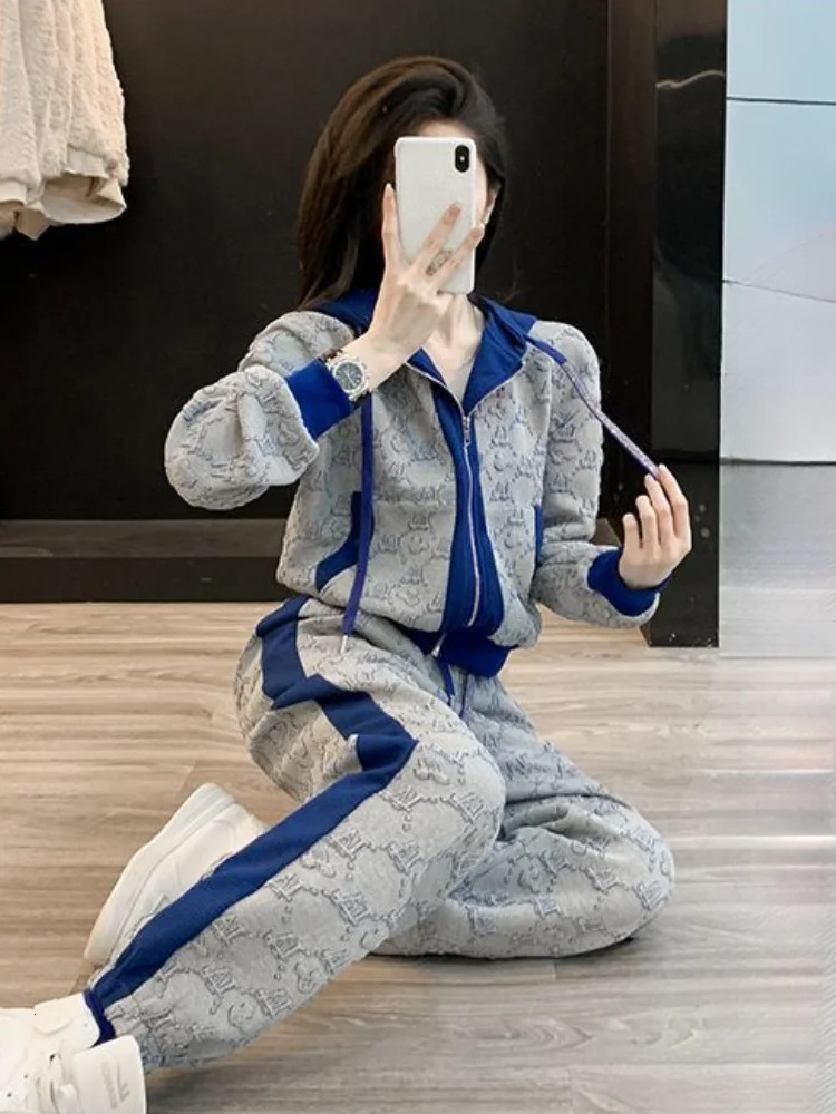 Ladies Trouser Draw String Sweatshirt Tracksuit Sport Color Matching Women's Pants Two Piece Set Spring Autumn Tailor New