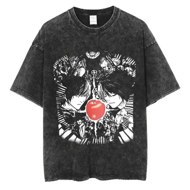 2024 Harajuku Retro Washed T-shirt with Death Note Pattern Cotton Street Clothing Unisex T-shirt W241230